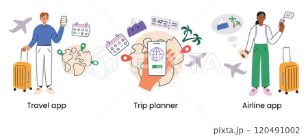 Travel vector illustration set. People with suitcases using traveling apps. Trip planning applications, travel apps, and airline bookings. Modern flat cartoon design with globes, calendars, tickets 120491002
