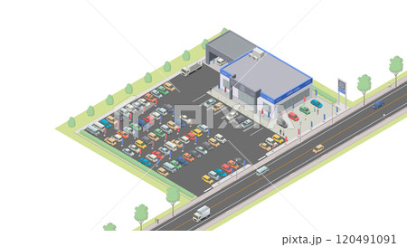アイソメトリック図法で描いた中古車販売店のイメージ（無地） 120491091