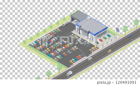 アイソメトリック図法で描いた中古車販売店のイメージ（無地） 120491091