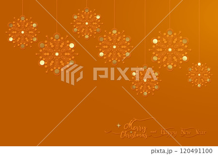 Merry Christmas snowflakes pattern with copy space. Holiday golden background with beautiful gold flowers starry balls, gif card celebration, happy new year, vector luxury festive banner Merry Christmas snowflakes pattern with copy space. Holiday golden background with beautiful gold flowers starry balls, gif card celebration, happy new year, vector luxury festive banner 120491100
