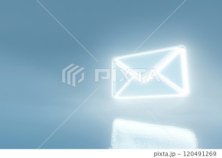 Ethereal Neon Mail Icon Illuminating a Misty Background, Symbolizing Digital Communication and Modern Technology in a Dreamlike Environment 120491269