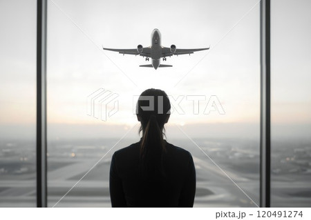 Woman Waiting at Airport with Plane in Background Woman Waiting at Airport with Plane in Background 120491274