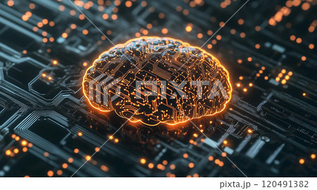 A computer chip with a brain on it. The brain is orange and yellow. The chip is black and white 120491382