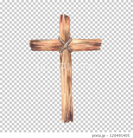Wooden cross tied with a rope. Watercolor old rustic Christian cross. Hand painted illustration catholic or orthodox religious church symbol for the first community, baptism. Isolated from background  120491405