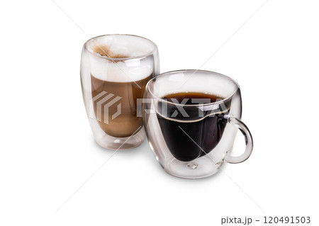 Two Glass cups with cappuccino and americano coffee. Side view Isolated on white background close up 120491503