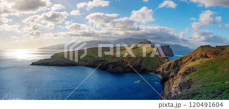 Ponta de Sao Lourenco Madeira Portugal. Scenic mountain view of green landscape, cliffs and Atlantic Ocean. Hiking active day, travel background 120491604
