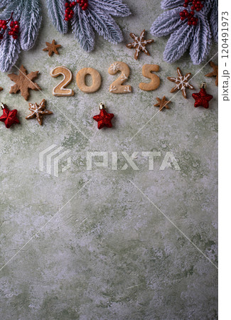 Festive New Year cookies in shape of 2025 Festive New Year cookies in shape of 2025 120491973