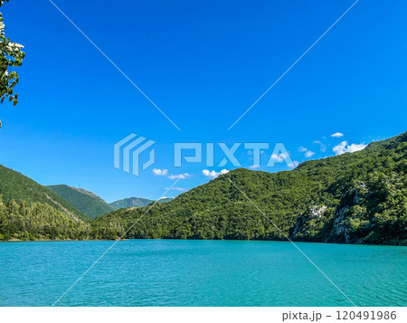 Peaceful landscape view of lake in Mat, Albania Peaceful landscape view of lake in Mat, Albania 120491986