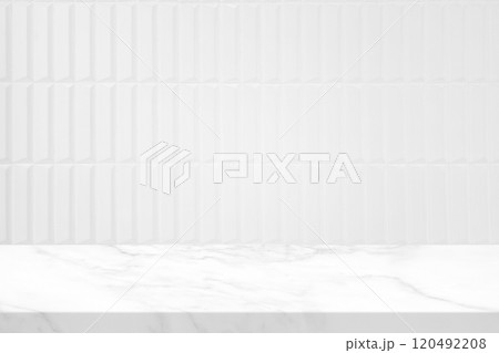 Abstract Luxury White Marble Table with Kitchen Wall Tiles Texture Background. 120492208