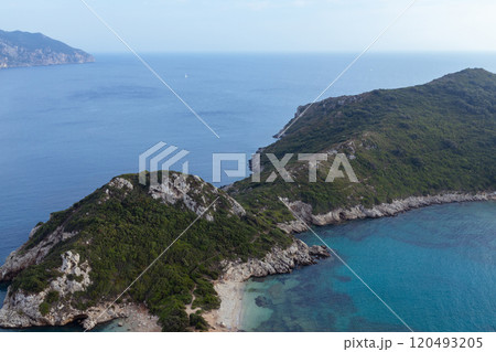 Panorama of Porto Timoni beach at Greek island Corfu. Panorama of Porto Timoni beach at Greek island Corfu. 120493205