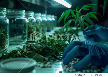 Cannabis Cultivation Laboratory with Plants, Jars, and Medical Pills Under Blue Light Cannabis Cultivation Laboratory with Plants, Jars, and Medical Pills Under Blue Light 120493896