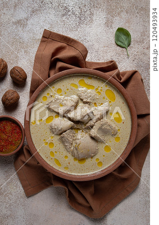 Satsivi, chicken in walnut sauce Baghe , cold dish, Georgian cuisine, homemade, no people, 120493934