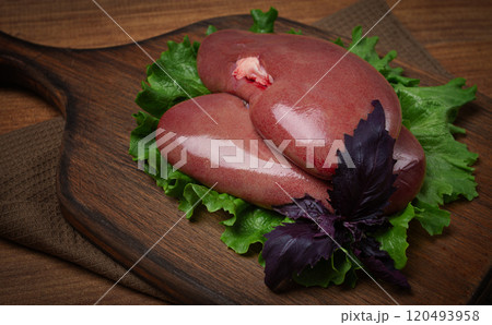 raw pork kidneys, on a chopping board, close-up, top view, no people, raw pork kidneys, on a chopping board, close-up, top view, no people, 120493958