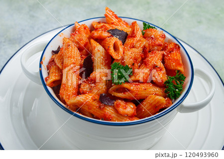Penne pasta, with shrimp in tomato sauce, close-up, no people, Penne pasta, with shrimp in tomato sauce, close-up, no people, 120493960