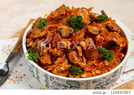 Bigos, bigus is a national Polish dish, made of cabbage and meat, stewed, homemade, no people, 120493967