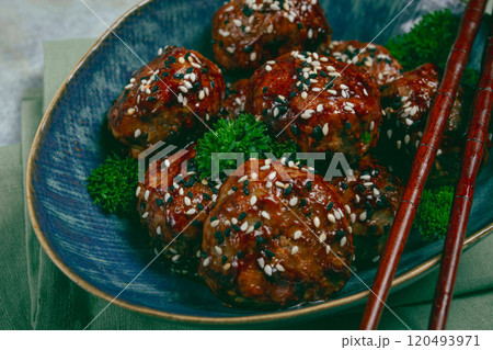 Tsukune, Japanese meatballs, minced chicken, fried on a skewer, with yakitori sauce, homemade, no people, Tsukune, Japanese meatballs, minced chicken, fried on a skewer, with yakitori sauce, homemade, no people, 120493971