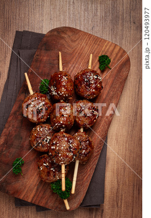 Tsukune, Japanese meatballs, minced chicken, fried on a skewer, with yakitori sauce, homemade, no people, Tsukune, Japanese meatballs, minced chicken, fried on a skewer, with yakitori sauce, homemade, no people, 120493977