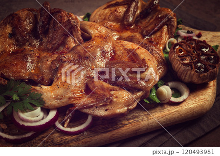 fried, quail meat, tobacco (tapaka), with spices, homemade, no people, 120493981
