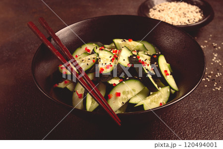 Chinese salad, cucumbers with chili pepper and sesame seeds, homemade, no people, Chinese salad, cucumbers with chili pepper and sesame seeds, homemade, no people, 120494001