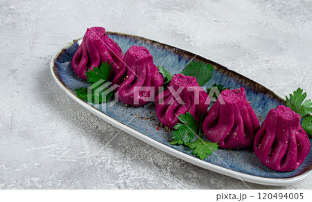 beetroot khinkali, mini khinkali, purple, Georgian cuisine, no people, 120494005