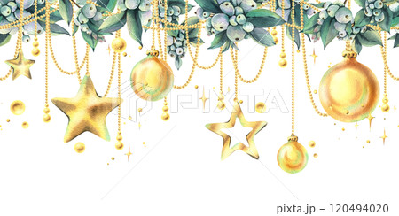 Golden Christmas balls and stars hanging on beads with snowberry with twinkling stars. Christmas, New Year, winter watercolor illustration hand drawn. Seamless border pattern on white background. Golden Christmas balls and stars hanging on beads with snowberry with twinkling stars. Christmas, New Year, winter watercolor illustration hand drawn. Seamless border pattern on white background. 120494020