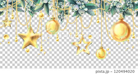 Golden Christmas balls and stars hanging on beads with snowberry with twinkling stars. Christmas, New Year, winter watercolor illustration hand drawn. Seamless border pattern on white background. Golden Christmas balls and stars hanging on beads with snowberry with twinkling stars. Christmas, New Year, winter watercolor illustration hand drawn. Seamless border pattern on white background. 120494020