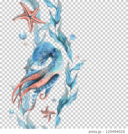 octopus, sea blue algae with leaves wriggling in wave with bubbles and coral starfish. Hand drawn watercolor illustration of underwater world. Seamless vertical border pattern for long projects design 120494028