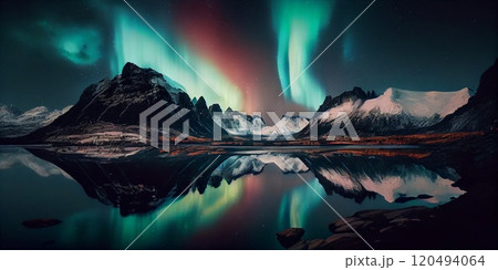 Northern lights aurora borealis lapland night landscape, Nightsky with stars and northern lights. 120494064
