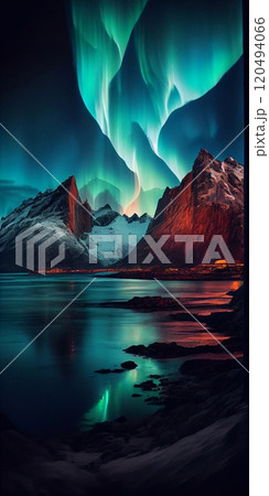 Northern lights aurora borealis lapland night landscape, Nightsky with stars and northern lights. 120494066