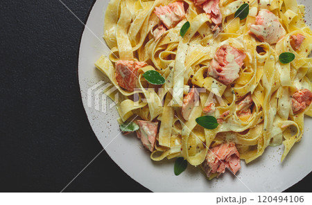 tagliatelle pasta, in cream sauce with salmon, homemade, no people, 120494106