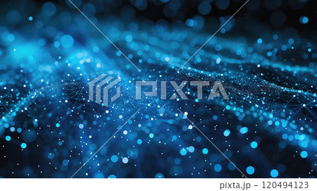 Blue cyber space abstract background, bokeh lights of dark cyberspace. Soft pattern of secure lines and dots of network. Concept of data, digital technology, tech, connect Blue cyber space abstract background, bokeh lights of dark cyberspace. Soft pattern of secure lines and dots of network. Concept of data, digital technology, tech, connect 120494123
