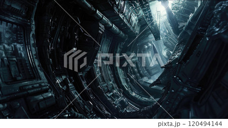 Scary dark interior of alien spaceship, inside...のイラスト素材 [120494144 ...