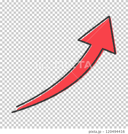 向右向上彎曲的紅色箭頭的手繪插圖 — 代表向上移動的簡單符號和裝飾圖示材料 向右向上彎曲的紅色箭頭的手繪插圖 — 代表向上移動的簡單符號和裝飾圖示材料 120494416