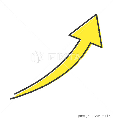 右肩上がりにカーブしている黄色い矢印の手書きイラスト - シンプルなアップや増加のイメージ素材 120494417