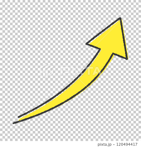右肩上がりにカーブしている黄色い矢印の手書きイラスト - シンプルなアップや増加のイメージ素材 120494417