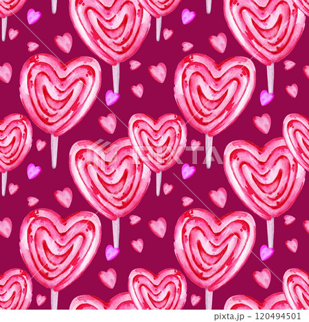 seamless pattern of valentine day theme with different watercolor hearts, sweets, lollipops, candies, hand draw illustration, pink, magenta color sketch, purple background for party decoration 120494501