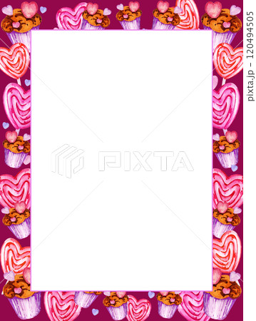 vertical template for valentine day, birthday with different hearts, candy, sweets, ribbons and muffins, watercolor hand draw illustration on purple background, white frame for party decoration vertical template for valentine day, birthday with different hearts, candy, sweets, ribbons and muffins, watercolor hand draw illustration on purple background, white frame for party decoration 120494505