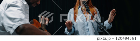 Performing Duet with Acoustic Guitar and Vocalist on Stage 120494561