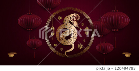 Chinese New Year 2025. Burgundy greeting card, round frame with snake isolated Chinese New Year 2025. Burgundy greeting card, round frame with snake isolated 120494785