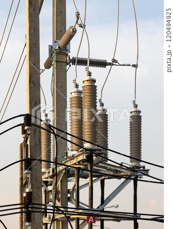 High voltage post, High voltage tower, show with high voltage construction and power lines. High voltage post, High voltage tower, show with high voltage construction and power lines. 120494925