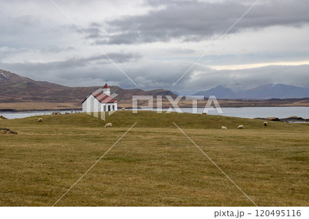 Small church and landscape, Narfeyri, Iceland 120495116