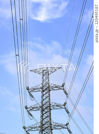 The electric pole, The electric post show with high voltage construction and voltage transmission line. The electric pole, The electric post show with high voltage construction and voltage transmission line. 120495187