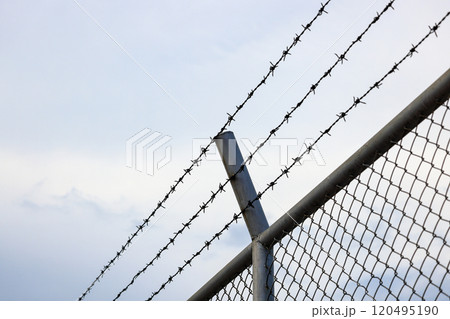 fence with Barb wire, metal chain with spike for safety and security purpose. 120495190