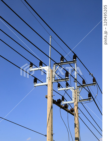 High voltage post, High voltage tower, show with high voltage construction and power lines. High voltage post, High voltage tower, show with high voltage construction and power lines. 120495205
