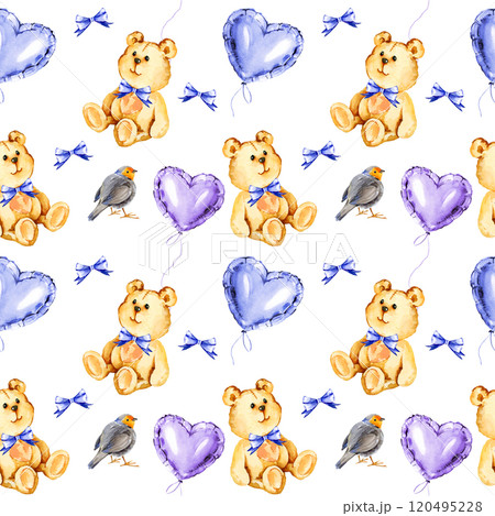watercolor seamless pattern with cute red breasted bird, funny bear toy, blue and lilac foil air balloons in a heart shape, blue ribbon bow, hand drawn illustration for valentine's day, birthday party 120495228