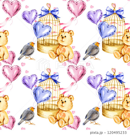 watercolor seamless pattern with golden bird cage, cute bird, funny bear toy, blue, pink, lilac foil air balloons in a heart shape, hand drawn illustration for valentine's day, birthday, kid's party watercolor seamless pattern with golden bird cage, cute bird, funny bear toy, blue, pink, lilac foil air balloons in a heart shape, hand drawn illustration for valentine's day, birthday, kid's party 120495233