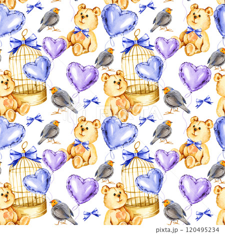 watercolor seamless pattern with golden bird cage, cute bird, funny bear toy, blue and lilac foil air balloons in a heart shape, hand drawn illustration for valentine's day, birthday and kid's party 120495234