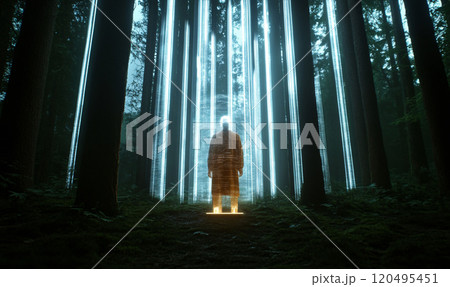 AGI Human figure illuminated in a forest with beams AGI Human figure illuminated in a forest with beams 120495451