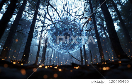 AGI Futuristic digital patterns in a twilight forest 120495490