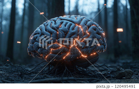 AGI Futuristic glowing brain in a natural setting 120495491
